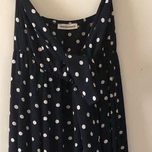 Blue and white polka dot strapless midi dress.